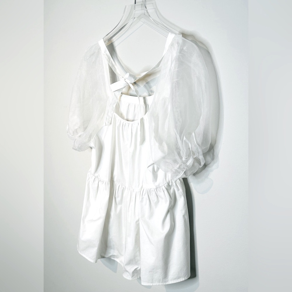 Tuckernuck Pomander Place Tinsley Organza Puff Sleeve White Top Shirt Blouse L - Picture 8 of 12